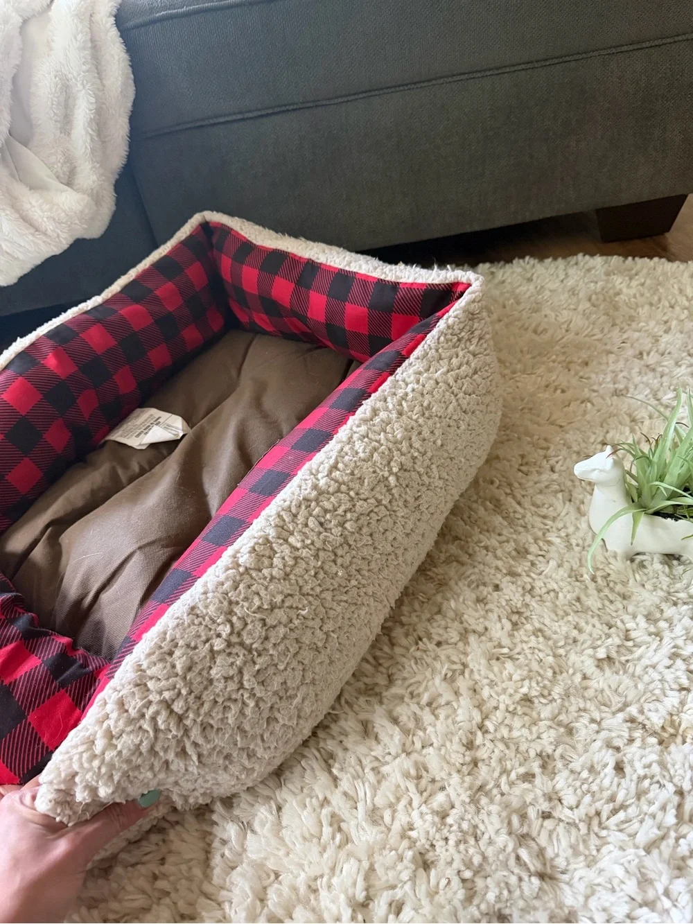 Cozy Sherpa Dog Bed with Red Buffalo Plaid Trim